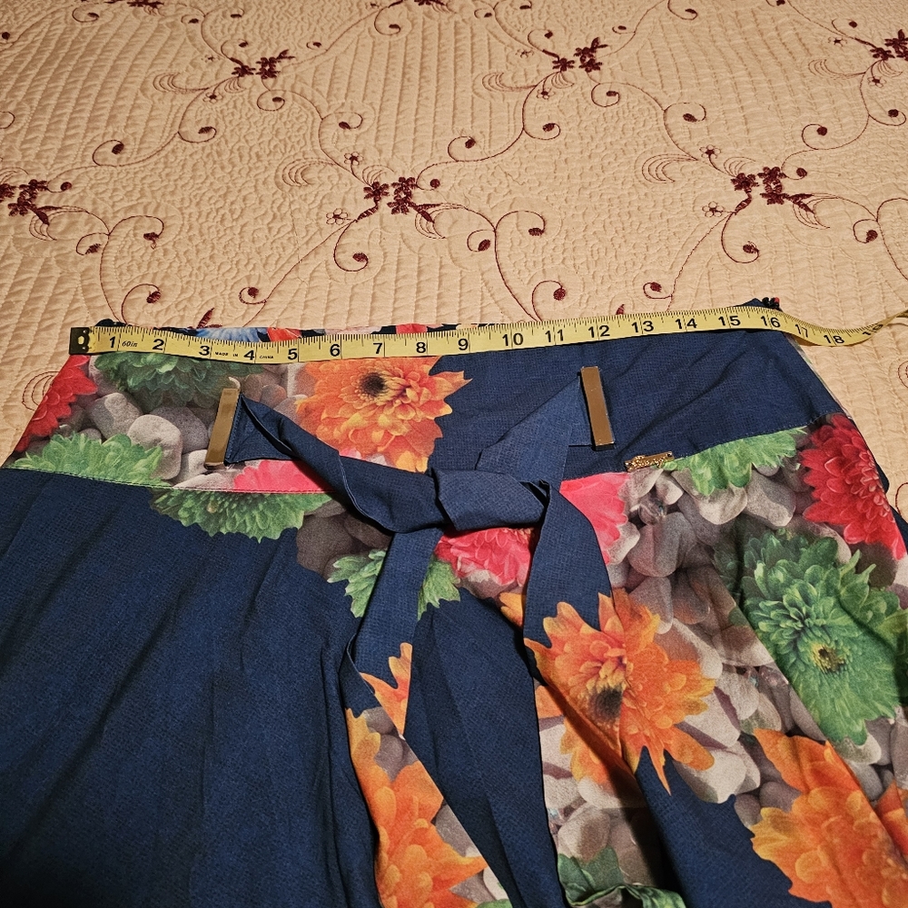 FEVROJ Flare Midi Skirt Floral Print Blue Flowy Tie Belt Women's  Large - Picture 14 of 16